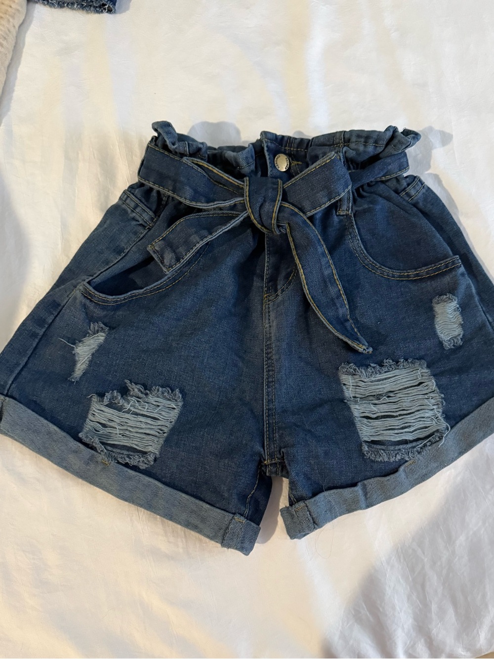SHEIN Dark Blue High-Waist Paperbag Distressed Denim Shorts